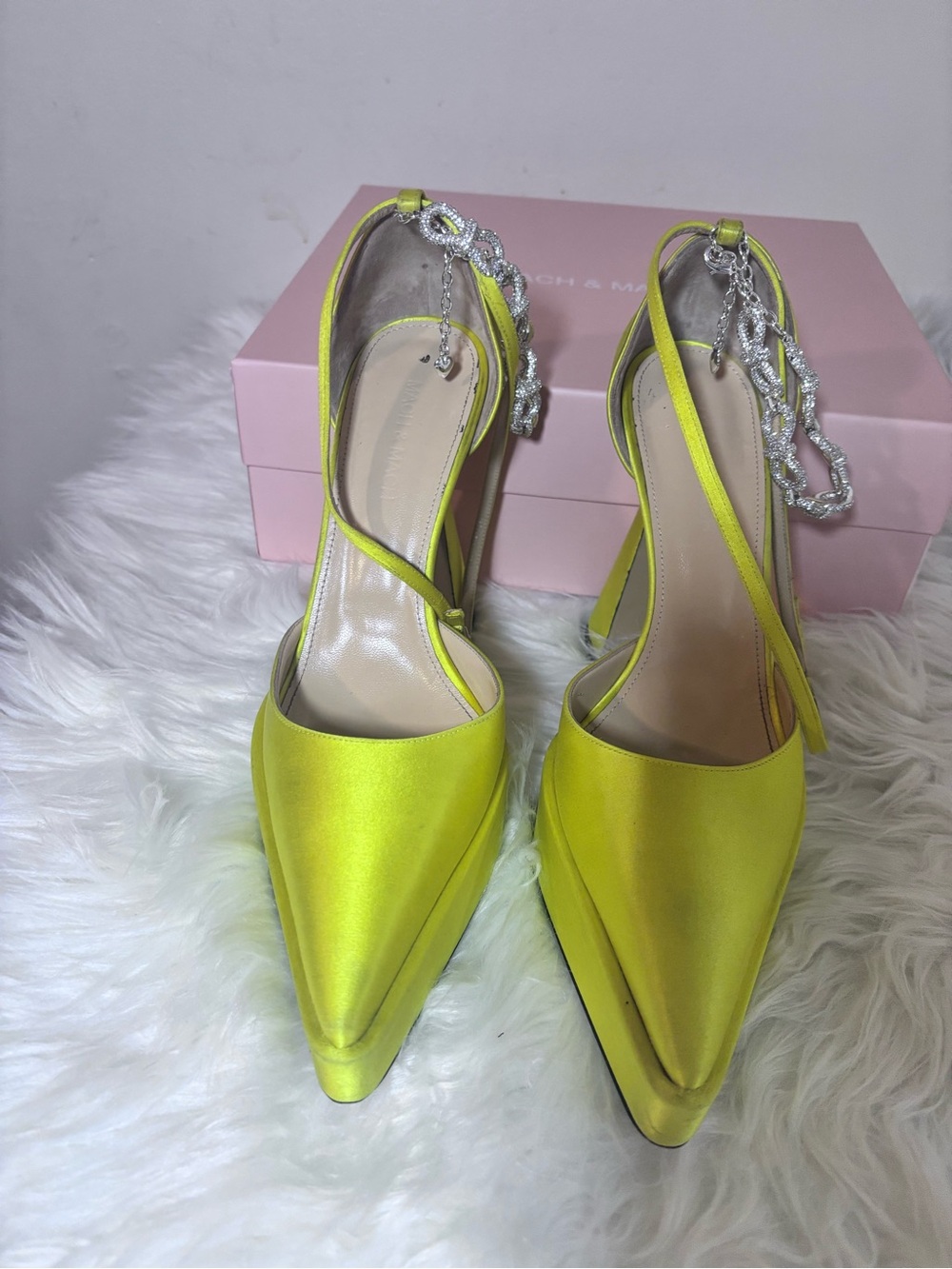 Mach&Mach Yellow Satin Pointed-Toe Slingback Heels.